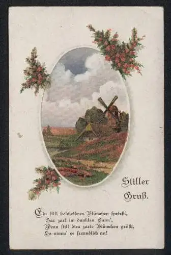 Glitzer-Perl-AK Ortspartie mit einer Windmühle, florales Passepartout, mit Glitzer-Perlen