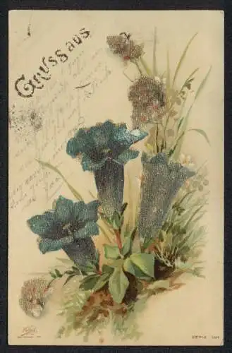 Glitzer-Perl-AK Ein Blumenarrangement mit blauen Kelchblüten, mit Glitzer-Perlen