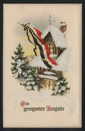 Glitzer-Perl-AK Schneebedecktes Haus mit den Flaggen des Zweibundes, mit Glitzer-Perlen