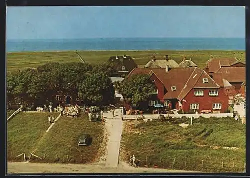 AK Hallig Hooge /Backenswarft, Gaststätte Friesenpesel, aus der Vogelschau