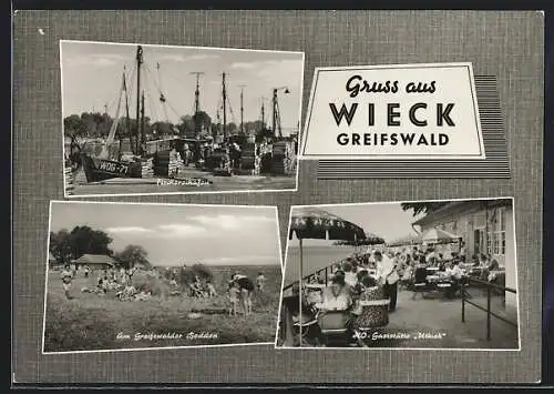 AK Wieck /Greifswald, Gaststätte Utkiek, Fischereihafen und Bodden