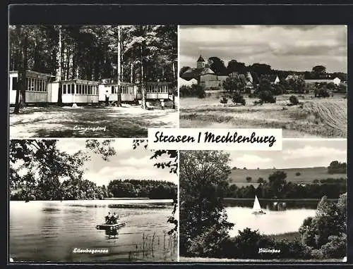 AK Strasen /Meckl., Campingdorf, Ellenbogensee und Pälitzsee