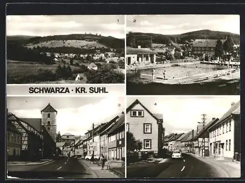 AK Schwarza / Thür., Blick vom Grossen Sandberg, Schwimmbad und 4 Hauptstrasse