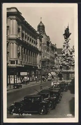 AK Wien, Strassenpartie am Graben, Autos, Pestsäule