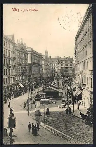 AK Wien, Belebte Strasse Graben mit Pestsäule und Litfasssäule