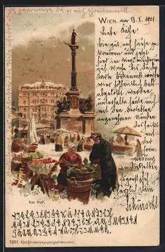 Künstler-AK Emil Czech: Wien, Am Hof mit Markt, Frau mit Hut beim stöbern