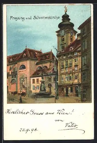 Lithographie Wien I, Freyung, Schottenkirche