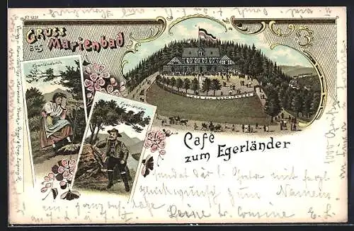 Lithographie Marienbad, Café zum Egerländer und Bewohner in Trachten