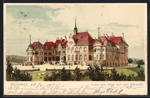 Lithographie Marienbad, vor dem Hotel und Cafe Rübezahl