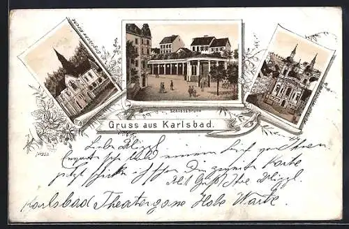 Lithographie Karlsbad, Englische Kirche, Schlossbrunn, Kath. Kirche