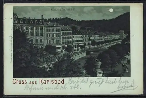 Mondschein-Lithographie Karlsbad, Strassenpartie bei Nacht