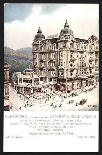 Künstler-AK Marienbad, Buen Retiro m. neuem Cafe Restaurant Utschig