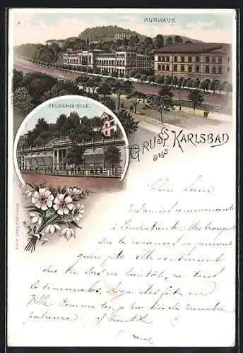 Lithographie Karlsbad, Kurhaus, Felsenquelle