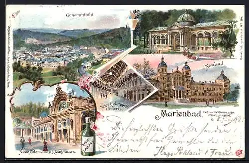 Lithographie Marienbad, Gesamtbild, Waldquelle, Neubad, Kreuzbrunnen