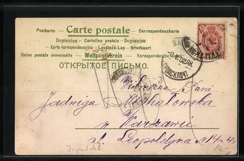 AK Skulptur einer nackten Frau mit Engel im Jugendstil