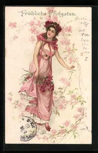 AK Junge Frau im Kleid mit Blumen, Pfingstgruss, Jugendstil