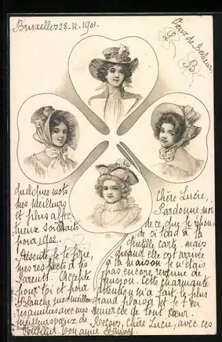 AK Vier Frauenportraits in einem Kleeblatt, Jugendstil