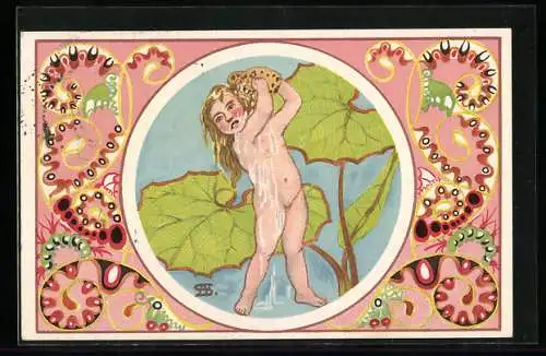 Künstler-AK sign. Adolf Stockmayr: Kind und Pflanze, Mädchen mit Schwamm, Jugendstil