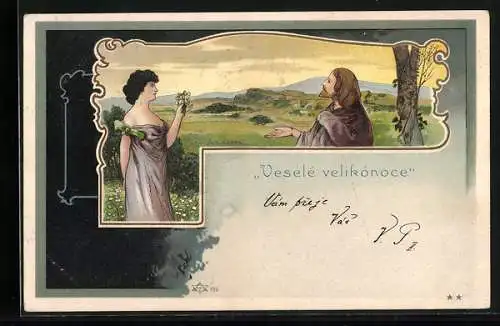 Lithographie Frau schenkt ihrem Liebsten Blumen, Ostern