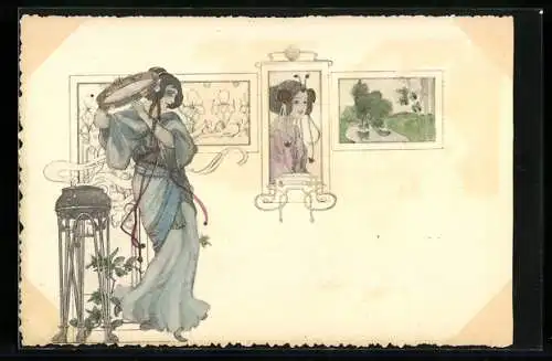 AK Junge Frau mit Tambourin, Landschaft, Jugendstil