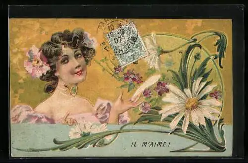 AK Il m`aime!, Frau mit Blumengebinde, Jugendstil