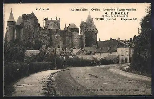 AK Vitré /I.-et-V., Le Château, A. Pirault, Location d`Automobiles, 3, Rue de la Liberté, 3