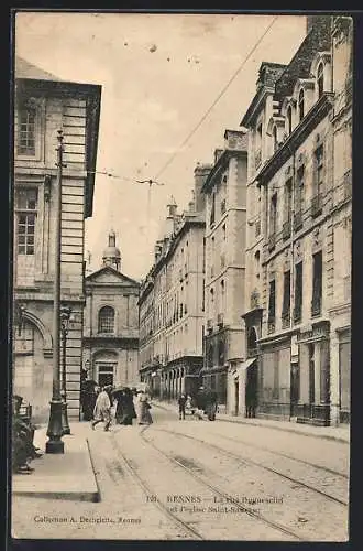 AK Rennes, La rue Duguesclin et l`église Saint-Sauveur