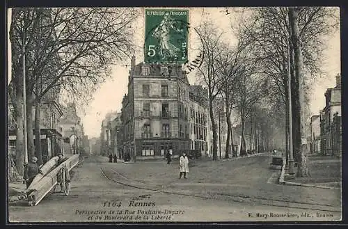 AK Rennes, Perspective de la Rue Poullain-Duparc et du Boulevard de la Liberté