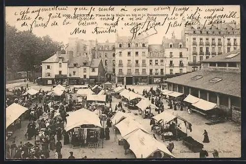 AK Rennes, Place de la Halle aux Blés et la Poissonnerie avec marché animé