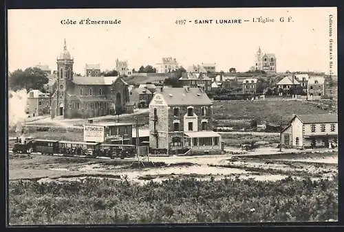 AK Saint Lunaire, l`Église et le train à vapeur en arrière-plan