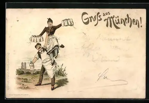 Lithographie München, Wirt hebt Kellnerin mit Bierkrügen in die Luft