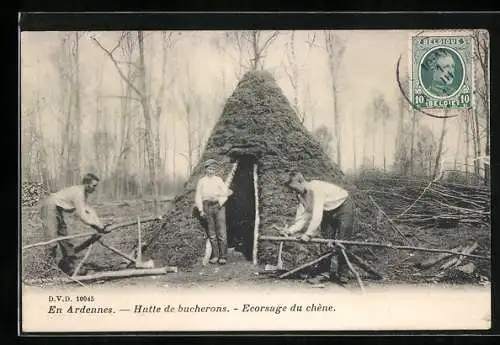 AK En Ardennes, Hutte de bucherons, Ecorsage du Chène