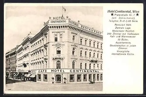 AK Wien, Hotel Continental in der Praterstrasse 7