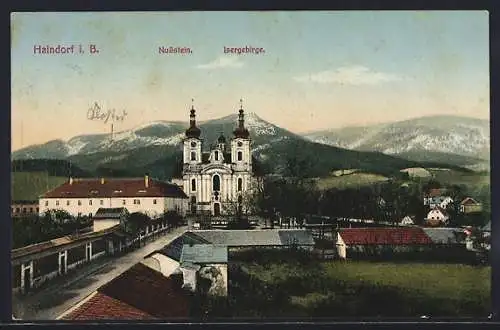 AK Haindorf i. B., Ortspartie mit Kirche, Nussstein und Isergebirge