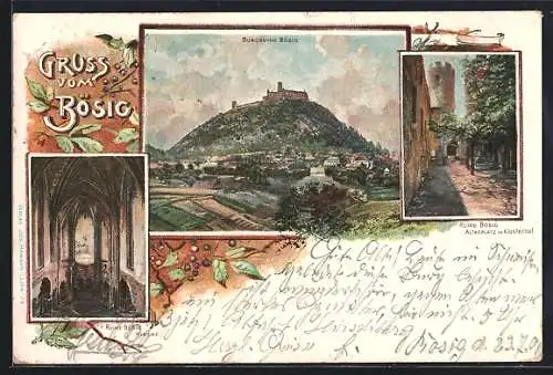 Lithographie Bösig, Burgruine, Altarplatz im Klosterhof, Ruine der Kirche