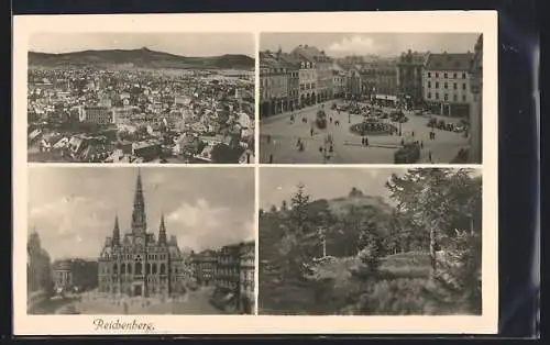 AK Reichenberg, Markt mit Denkmal und Strassenbahn, Rathaus, Ortspartie