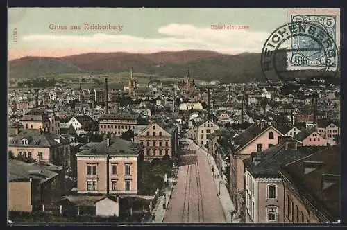 AK Reichenberg / Liberec, Bahnhofstrasse aus der Vogelschau