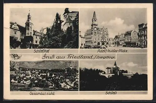 AK Friedland / Frydlant, Platz, Schloss, Schlosshof und Gesamtansicht