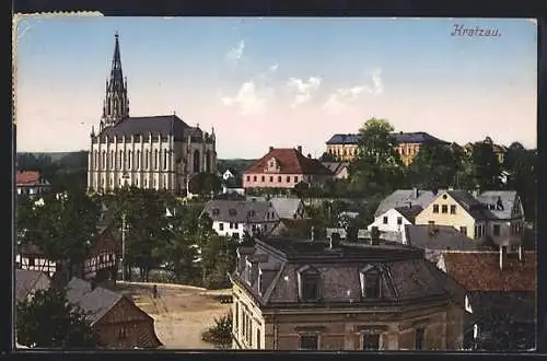 AK Kratzau, Teilansicht mit Blick zur Kirche