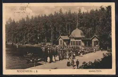 AK Reichenberg / Liberec, Gondelteich mit Besuchern