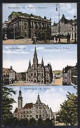 AK Reichenberg / Liberec, Theater und Hauptpost, Museum, Altstädter Platz mit Rathaus