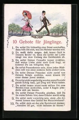 AK Zehn Gebote für Jünglinge, Du sollst Dir frühzeitig eine Braut anschaffen..., Du musst dafür sorgen..., Scherz