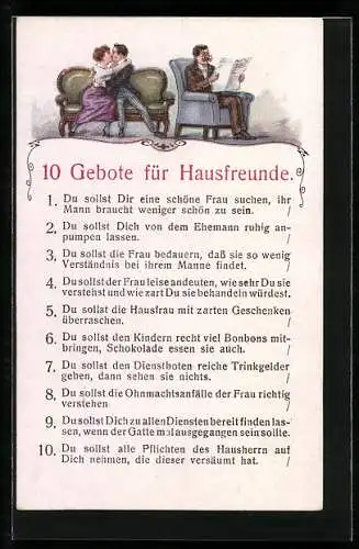 AK Zehn Gebote für Hausfreunde, Du sollst Dir eine schöne Frau suchen, ihr Mann braucht..., Scherz