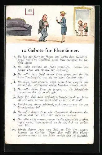 AK Zehn Gebote für Ehemänner, Du bist der Herr im Hause..., Du sollst zweimal im Jahre verreisen..., Scherz