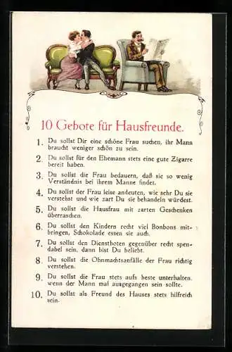 AK Zehn Gebote für Hausfreunde, Du sollst Dir eine schöne Frau suchen..., Du sollst für den Ehemann stets..., Scherz