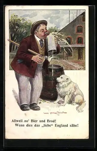 Künstler-Lithographie Zecher mit Bier und Hund