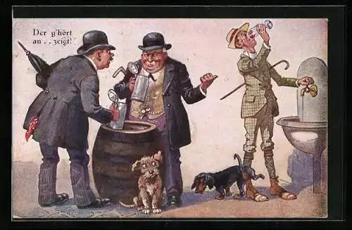 AK Dackel uriniert einem Wassertrinker ans Bein, Biertrinker lästern