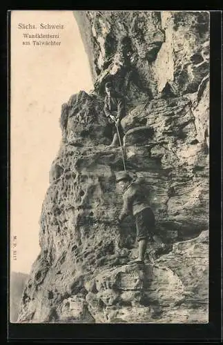 AK Zwei Bergsteiger klettern am Talwächter, Sächsische Schweiz