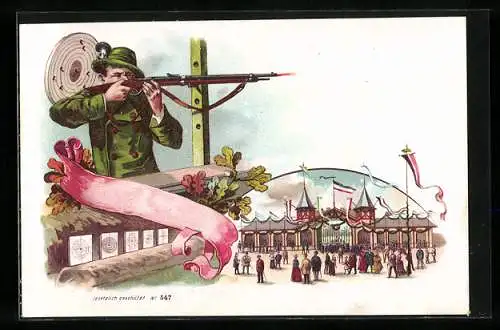 Lithographie Schützenfest, Schütze beim anvisieren seines Ziels, Zuschauer vor der Festhalle