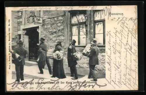 AK Hannover, Vorbereitung zum Schützenfest 1902, Gang zum Stadtleihhaus